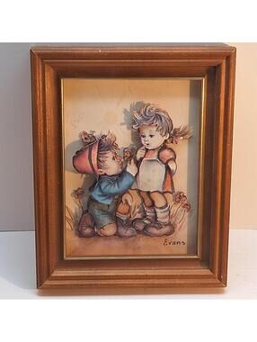 Vintage Evans 3D Decoupage Oak Shadow Box Hummel Children Boy  Girl Layered Art